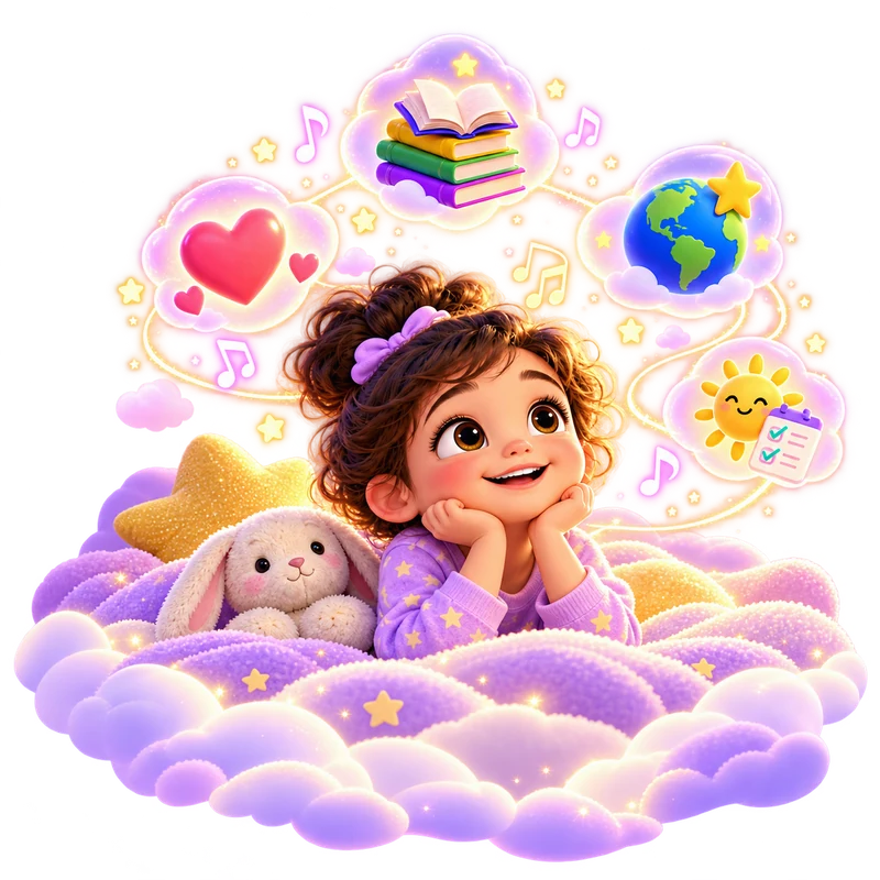 A child daydreaming on pastel clouds with a toy rabbit, surrounded by music notes, storybooks, a heart and a globe.